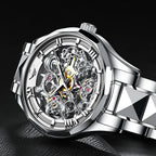 Relojes automáticos de esqueleto para hombre, reloj de pulsera de lujo mecánico de cuerda automática de cristal de zafiro, reloj de acero de tungsteno, 164 ft, impermeable, luminoso, sin batería, AA- Silver White