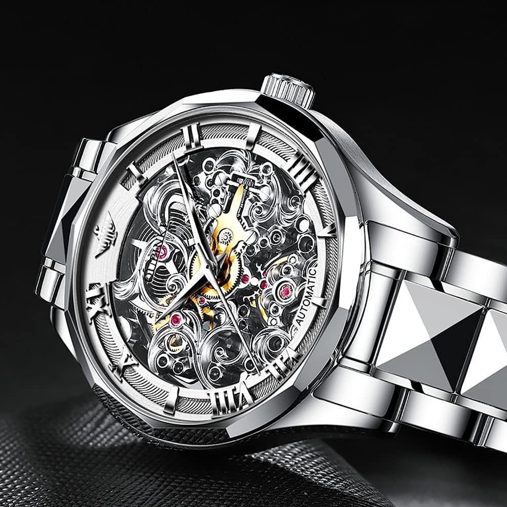 Relojes automáticos de esqueleto para hombre, reloj de pulsera de lujo mecánico de cuerda automática de cristal de zafiro, reloj de acero de tungsteno, 164 ft, impermeable, luminoso, sin batería, AA- Silver White