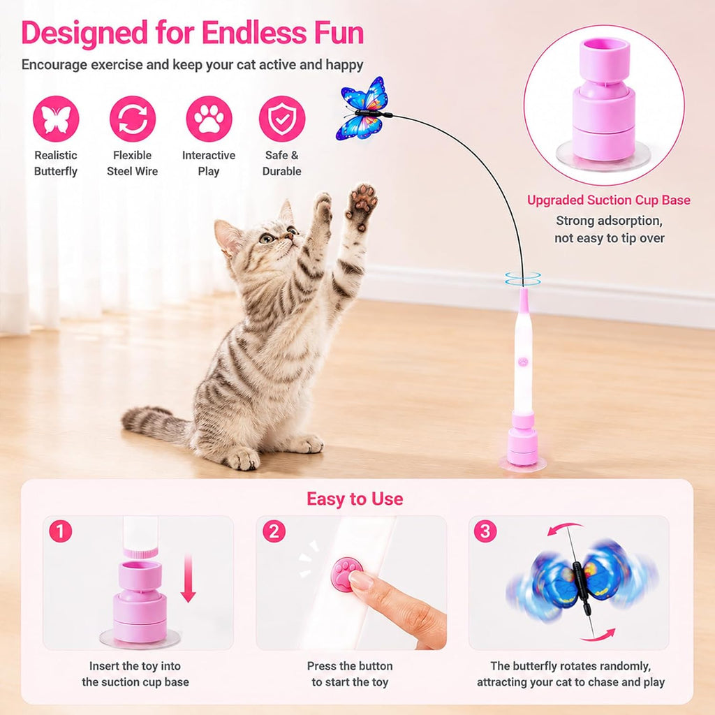 Varita eléctrica de mariposa para gatos de interior, juego automático giratorio de 360 grados con 2 modos y toque para despertar, base de succión lavable recargable, 3 recambios de mariposa