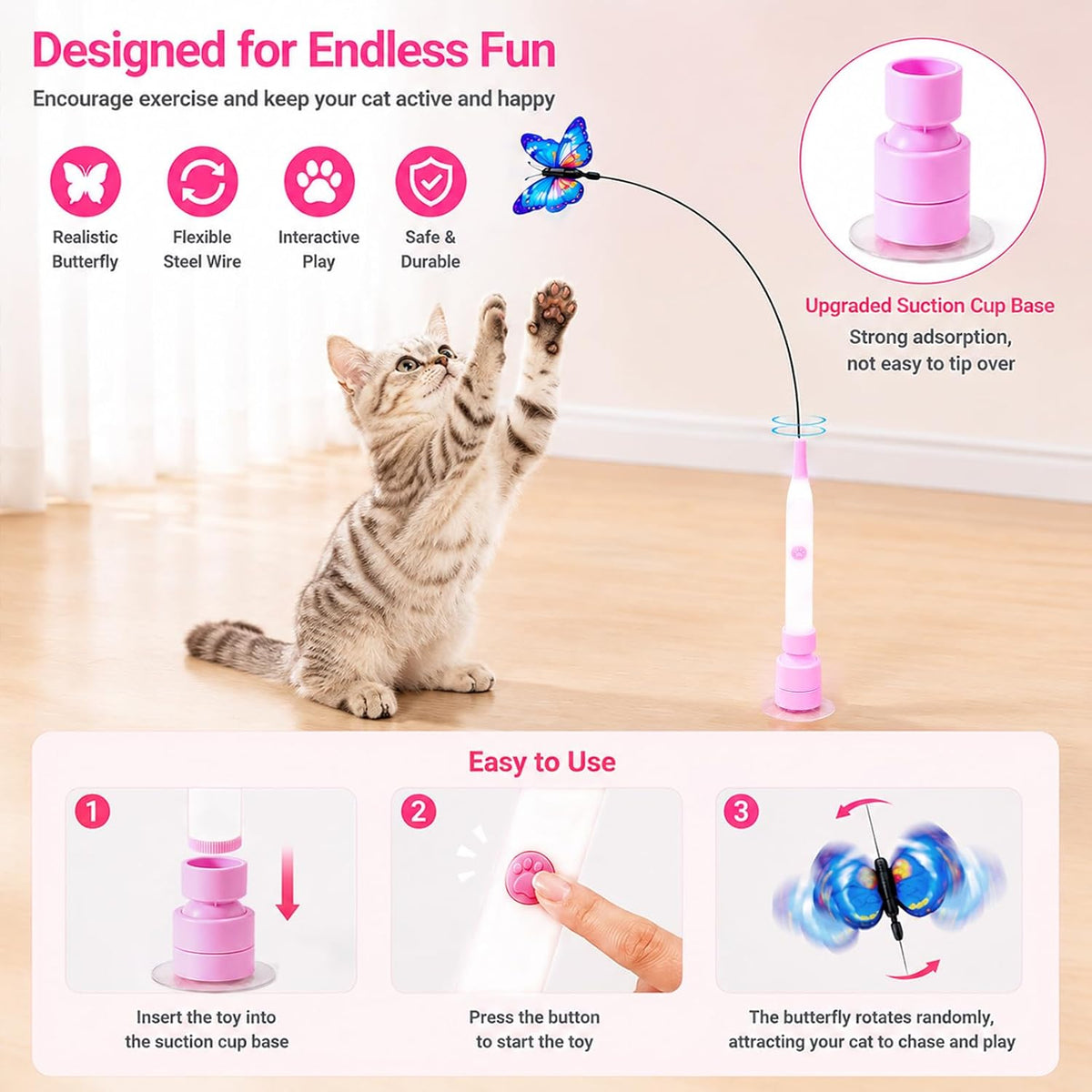 Varita eléctrica de mariposa para gatos de interior, juego automático giratorio de 360 grados con 2 modos y toque para despertar, base de succión lavable recargable, 3 recambios de mariposa