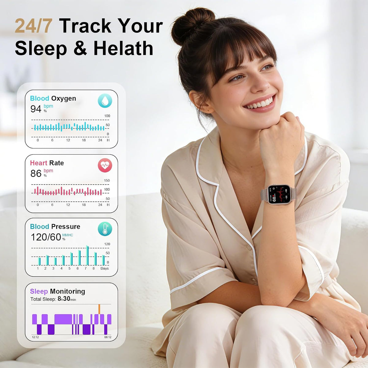 Reloj inteligente para mujer, rastreador de fitness HD de 1.85 pulgadas (respuesta/hacer llamadas/mensajes), más de 130 modos deportivos con frecuencia cardíaca 24/7/monitor de sueño/podómetro