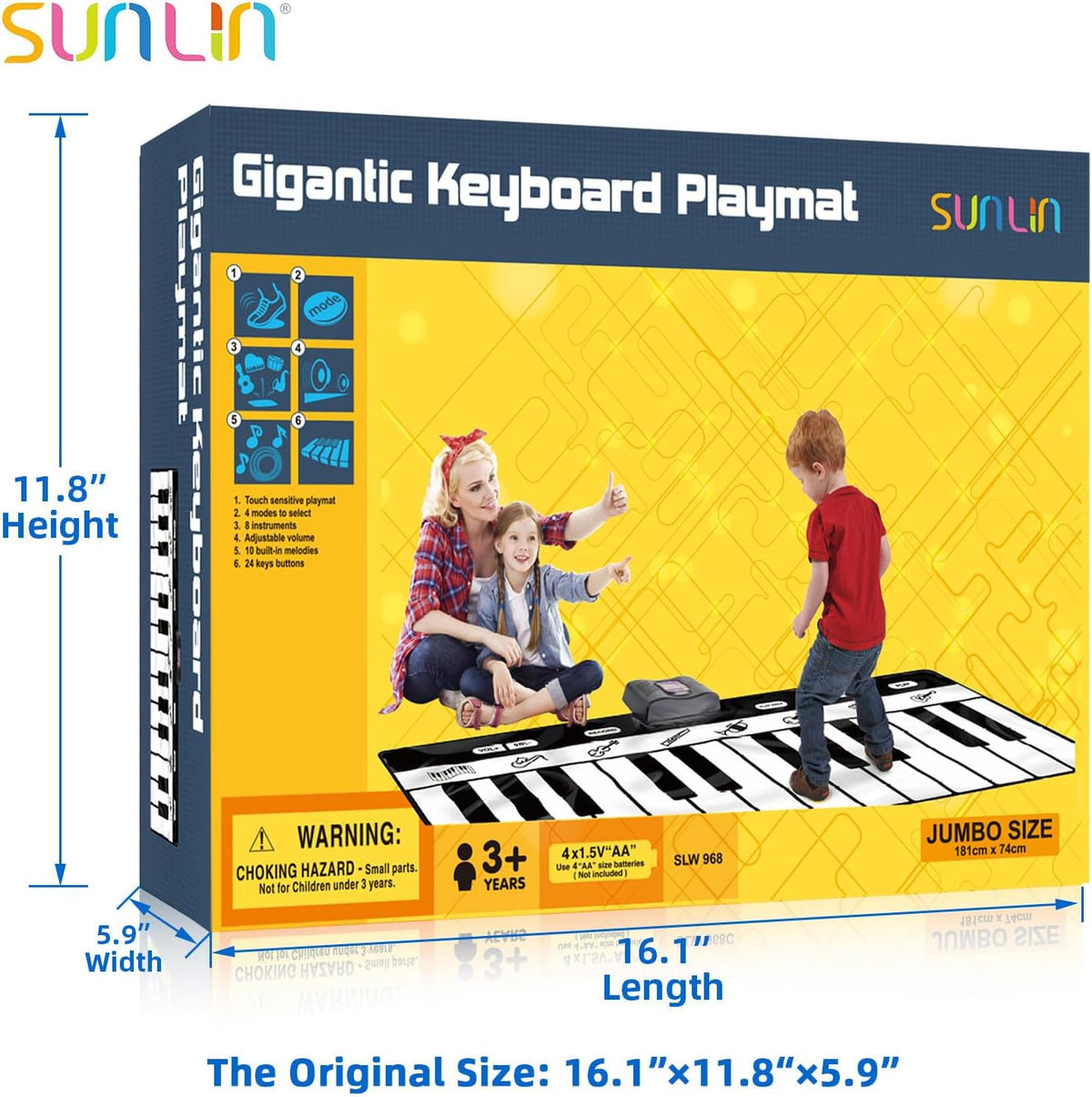 SUNLIN Alfombrilla de piano de 6 pies, tapete de teclado de piso: 24 teclas, 10 demostraciones, 8 sonidos de instrumentos, grabación y reproducción, juguetes musicales interactivos gigantes, regalos