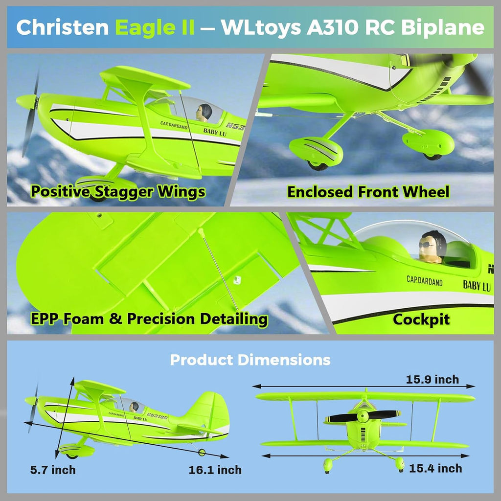 CKYSCHN WLtoys A310 Avión RC Brushless, Christen Eagle II Biplano RC 4CH