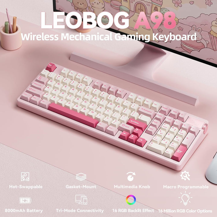 LEOBOG Teclado mecánico inalámbrico A98, Tri-Mode BT5.0\/2.4GHz\/US...