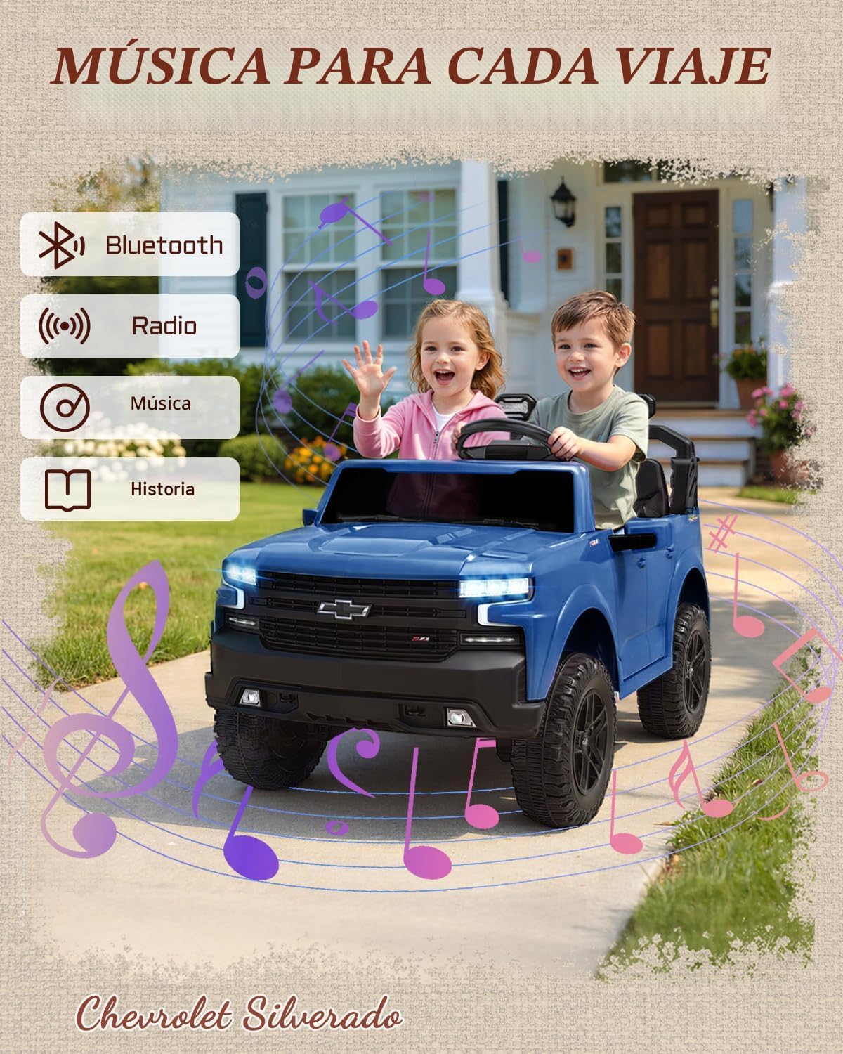 First Ride On Juguetes de 24 V y 2 plazas con licencia Chevrolet Silverado, vehículo eléctrico con control remoto y cinturones de seguridad, camión eléctrico con maletero, Bluetooth y luces LED (azul)