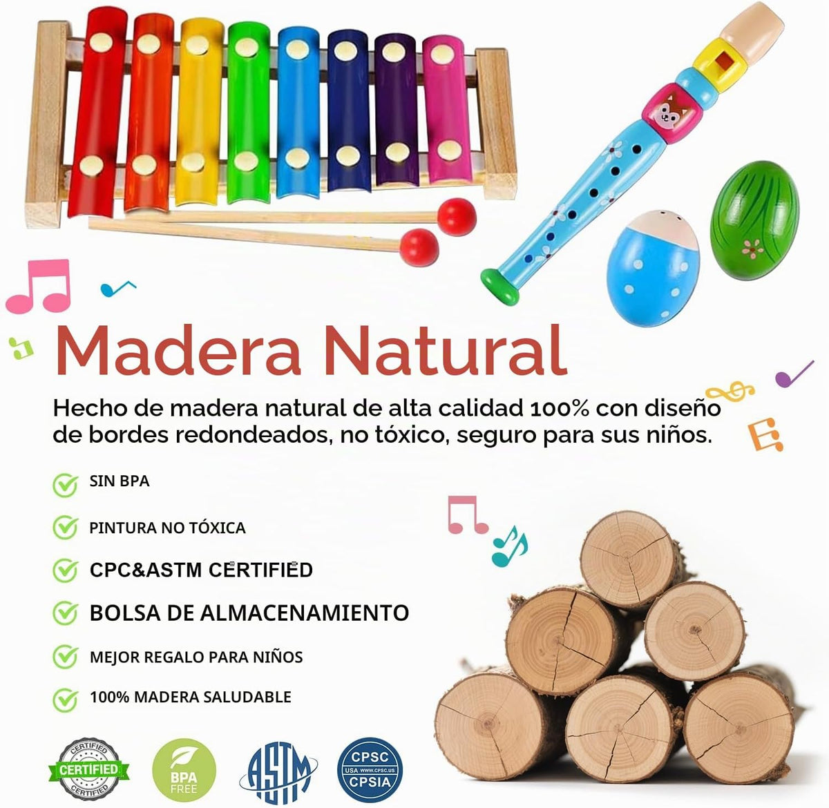 Instrumentos musicales para niños, instrumentos de percusión de madera, pandereta, juguetes de xilófono, educación preescolar, juguete musical de aprendizaje temprano para niños y niñas de 2