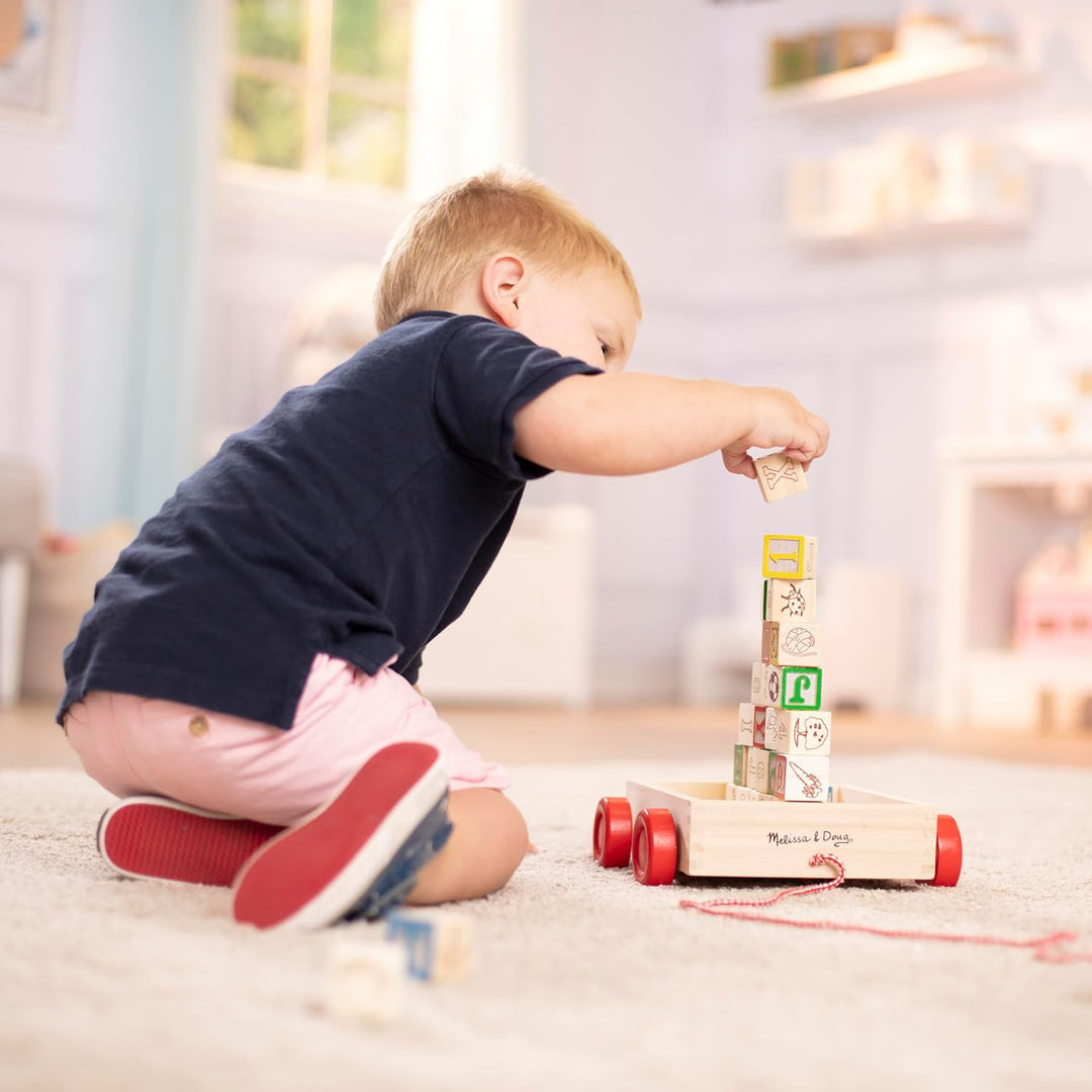 Melissa & Doug Carro de Bloques de Madera Clásico ABC, Juguete Educativo con 30 Bloques de Madera Maciza de 1 Pulgada, Multicolor