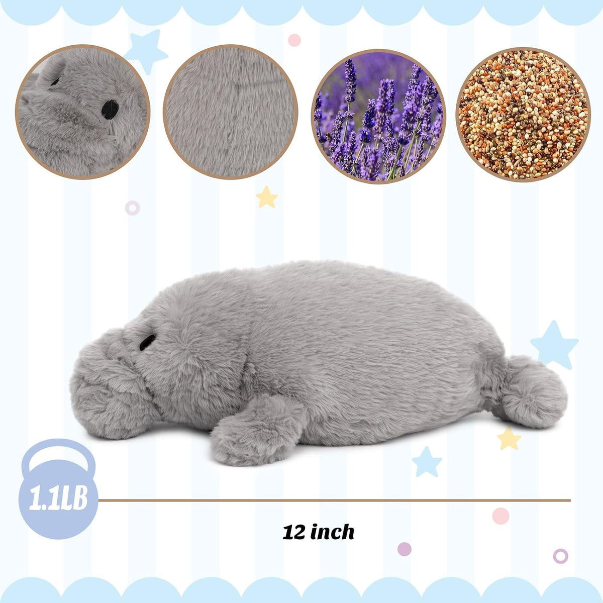 Easfan Animal de peluche con peso de manatí para microondas de 12 pulgadas
