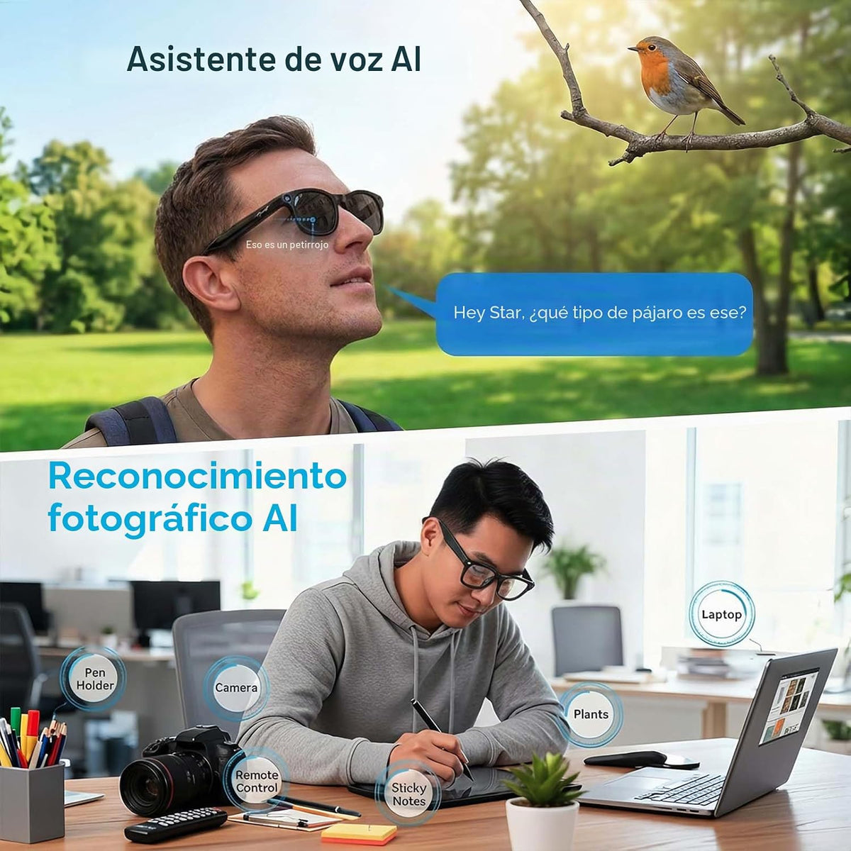 Gafas inteligentes AI con cámara, gafas de sol de grabación de video