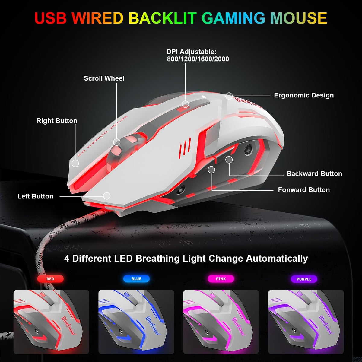 Conjunto de teclado y ratón RGB para juegos BlueFinger con retroilu...