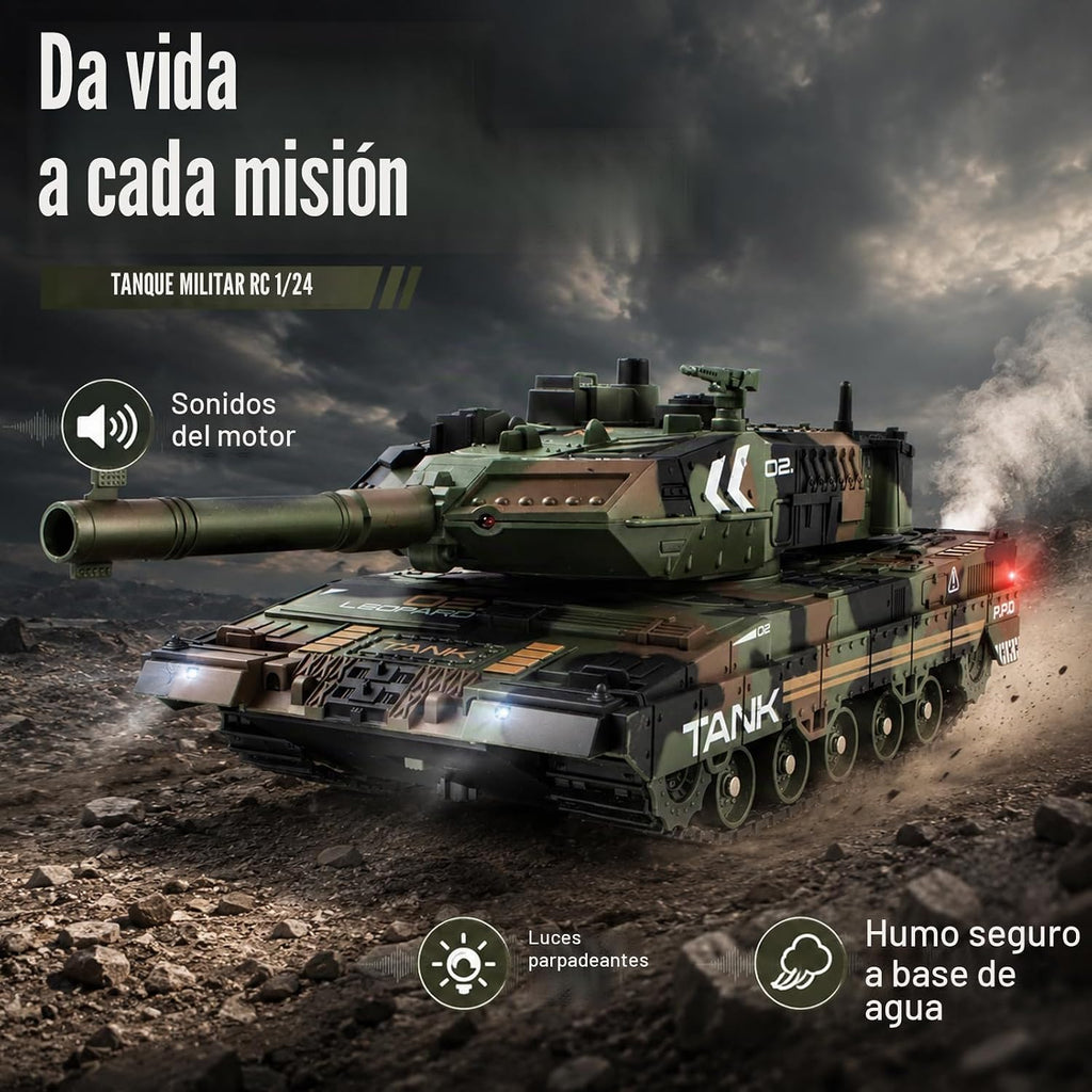 1:24 RC Tank-2.4G Tanque militar con control remoto que dispara BBS con torreta giratoria de 360°, demostración automática, sonido, luz y humo, vehículo militar de escalada todo terreno, juguete de juguete para niños de 8 a 12 años