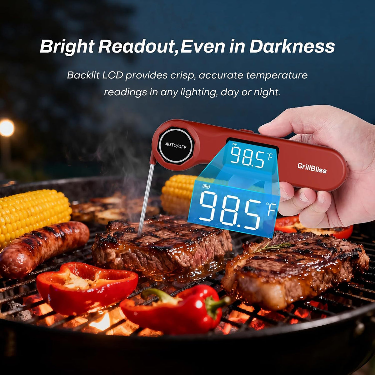 Termómetro digital recargable para carne, GrillBliss USB-C recargable con lectura rápida de 0.5 segundos y precisión de ± 0.5 ℉, pantalla LCD VA, termómetro de cocina para barbacoa