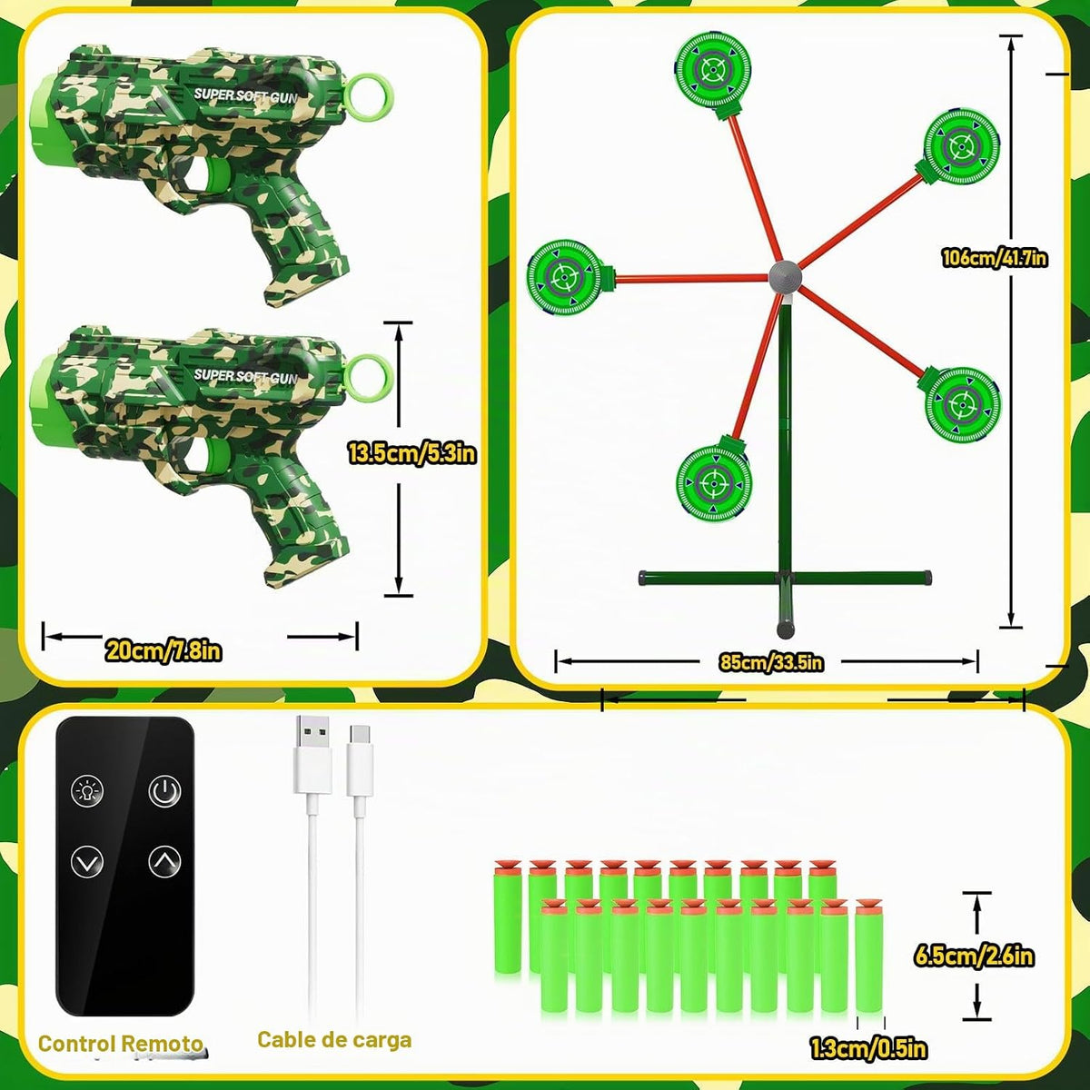 Juegos de disparo de cohetes con objetivo giratorio, 2 pistolas de juguete, 20 dardos de espuma, juguetes para exteriores para niños, para niños de 5, 6, 7, 8, 9, 10+ años, juegos de carnaval