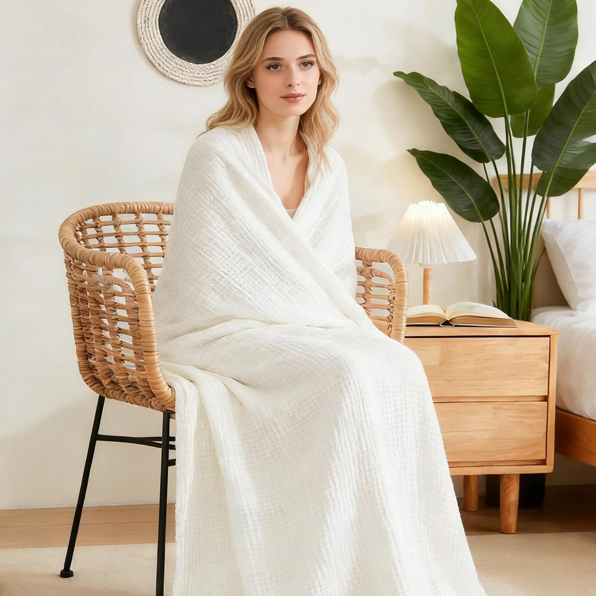 EMME Mantas de muselina para adultos, manta para sofá, gasa transpirable, suave, ligera, blanca aireada, XL 50 x 71 pulgadas