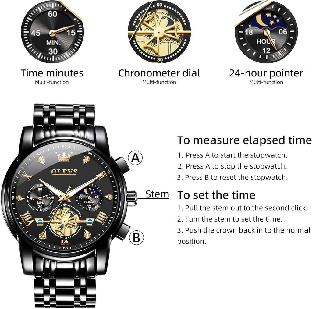 OLEVS Relojes para hombres Luxurious vestimenta acero inoxidable resistente al agua cronógrafo