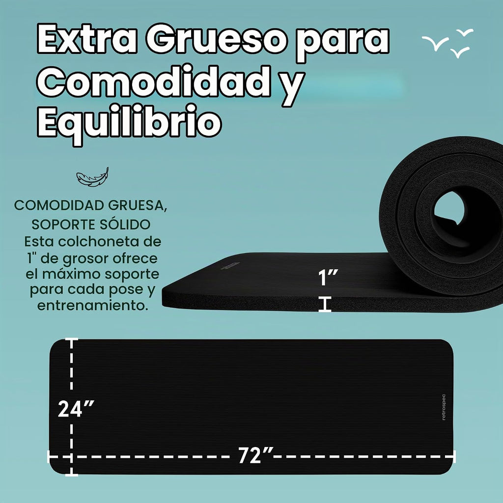 Retrospec Solana - Tapete de yoga de 1 pulgada de grosor con correa de nailon, unisex, antideslizante, para yoga, pilates, estiramiento, ejercicios en el suelo y entrenamiento físico