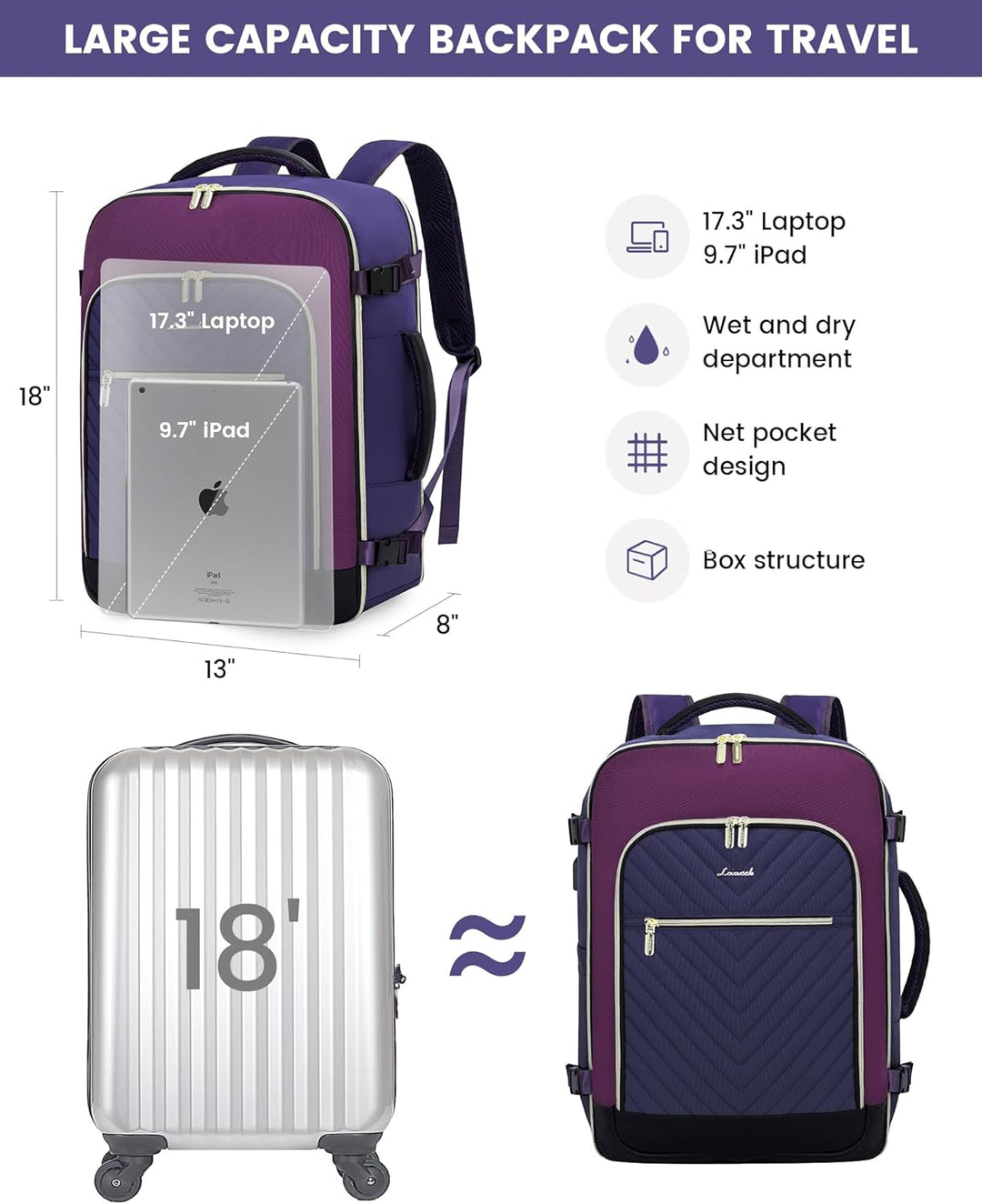LOVEVOOK Mochila de viaje grande, mochila de mano para aviones, Moc...