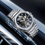 ROCOSJEWE Reloj Skeleton Automático de Lujo para Hombre, Reloj de Pulsera Mecánico de vestir, Remonte automático con esfera azul/negra, Joyería de acero inoxidable, manecillas luminosas, resistente al agua R0143