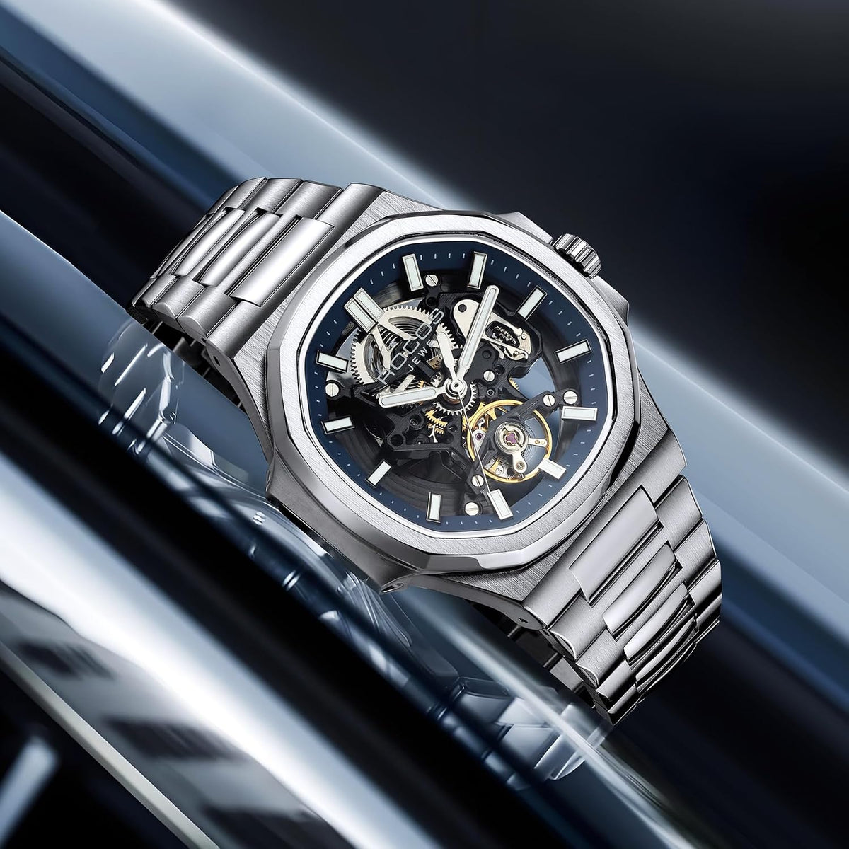ROCOSJEWE Reloj Skeleton Automático de Lujo para Hombre, Reloj de Pulsera Mecánico de vestir, Remonte automático con esfera azul/negra, Joyería de acero inoxidable, manecillas luminosas, resistente al agua R0143