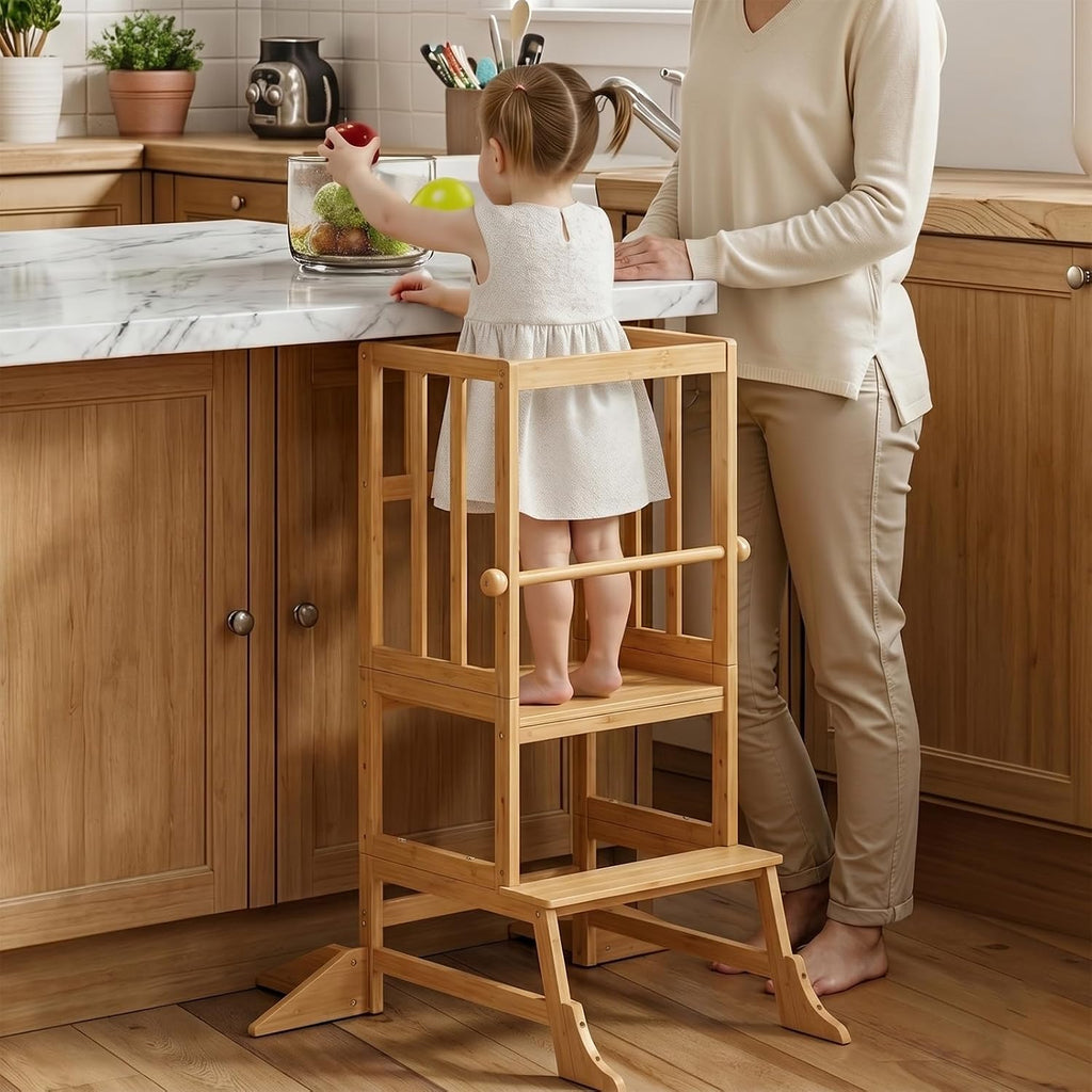 COSYLAND Torre de Pie para Niños Pequeños - Taburete Ayudante de Cocina de Altura Ajustable para Niños Pequeños - Taburete Escalón de Cocina para Niños para Aprender con Barandilla de Seguridad