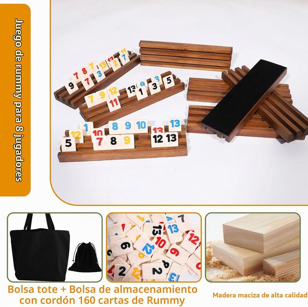 Rummy Cube - Juego original de cubo Rummy para 6 a 8 jugadores con 212 azulejos y 8 estantes de madera, juegos de mesa clásicos para familia y fiestas