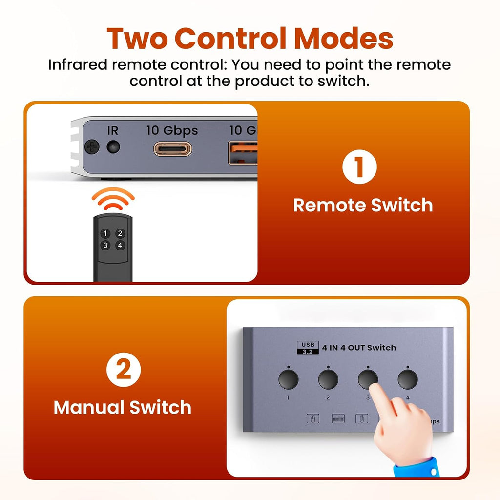 Selector de conmutador USB 3.2 4 computadoras comparten 4 dispositivos USB 10Gbps Interruptor de uso compartido USB de alta velocidad con 1 USB-C y 3 puertos USB-A, conmutador de teclado y mouse para