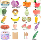 Juego de comida de madera para jugar – Juguete de cocina y accesorios de cocina con corte de frutas, verduras, ollas y sartenes y cubo de almacenamiento – Regalo para niños de 3, 4, 5, 6 años