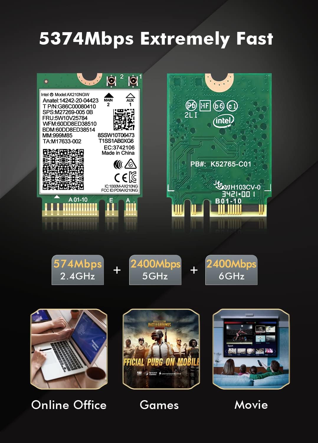Tarjeta WiFi 6E Intel AX210 NGW Bluetooth 5.3 Adaptador de Red Tri-...