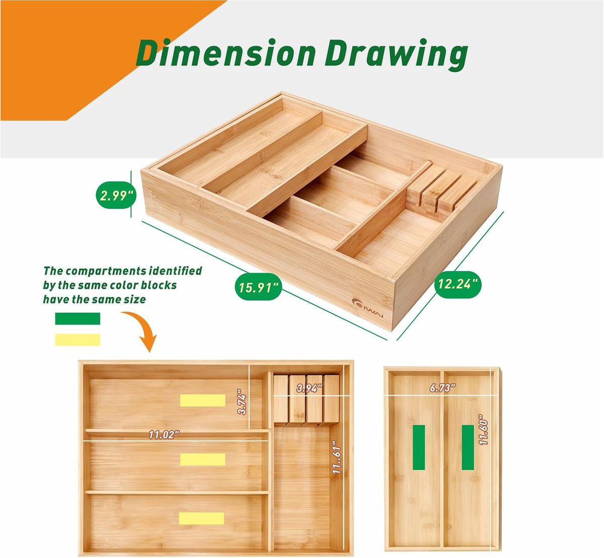 Organizador de cajones de cocina de bambú, 6 compartimentos anchos