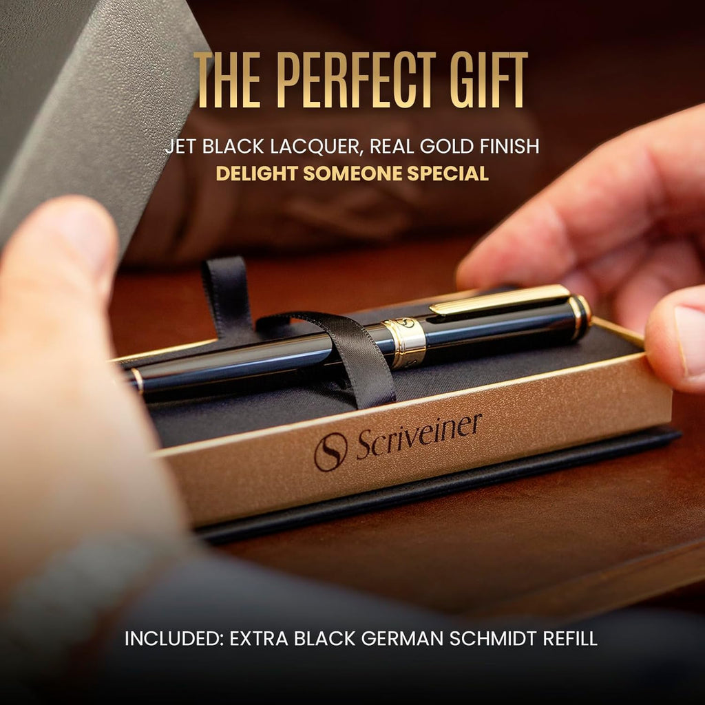 Scriveiner Bolígrafo Rollerball de Laca Negra - Impresionante Bolígrafo de Lujo, Chapado en Oro Real, Repuesto de Tinta Schmidt, El Mejor Set de Regalo de Bolígrafos Roller Ball para Hombres y Mujeres
