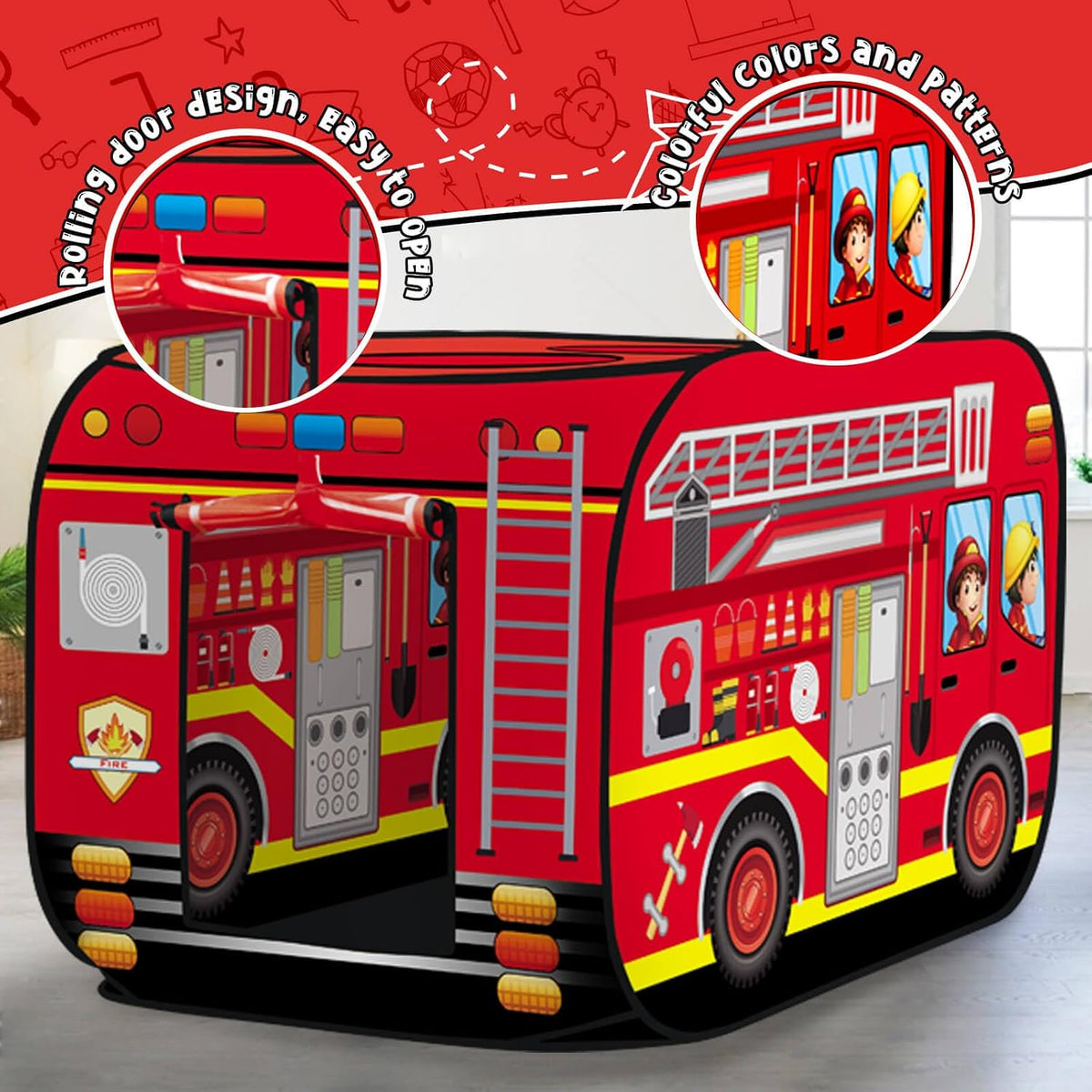 Camión de bomberos Pop Up Tent para niños, juguete interior/ exterior