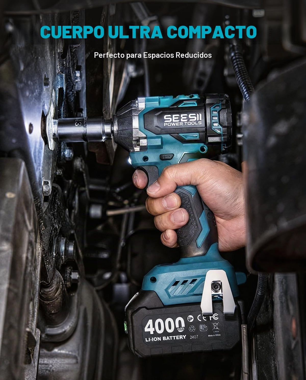Seesii Llave de impacto inalámbrica de 3/8", pistola de impacto eléctrica con par máximo de 330 pies-libra (450 N.m), batería recargable de 4.0 Ah y 4 enchufes, llave de impacto eléctrica compacta