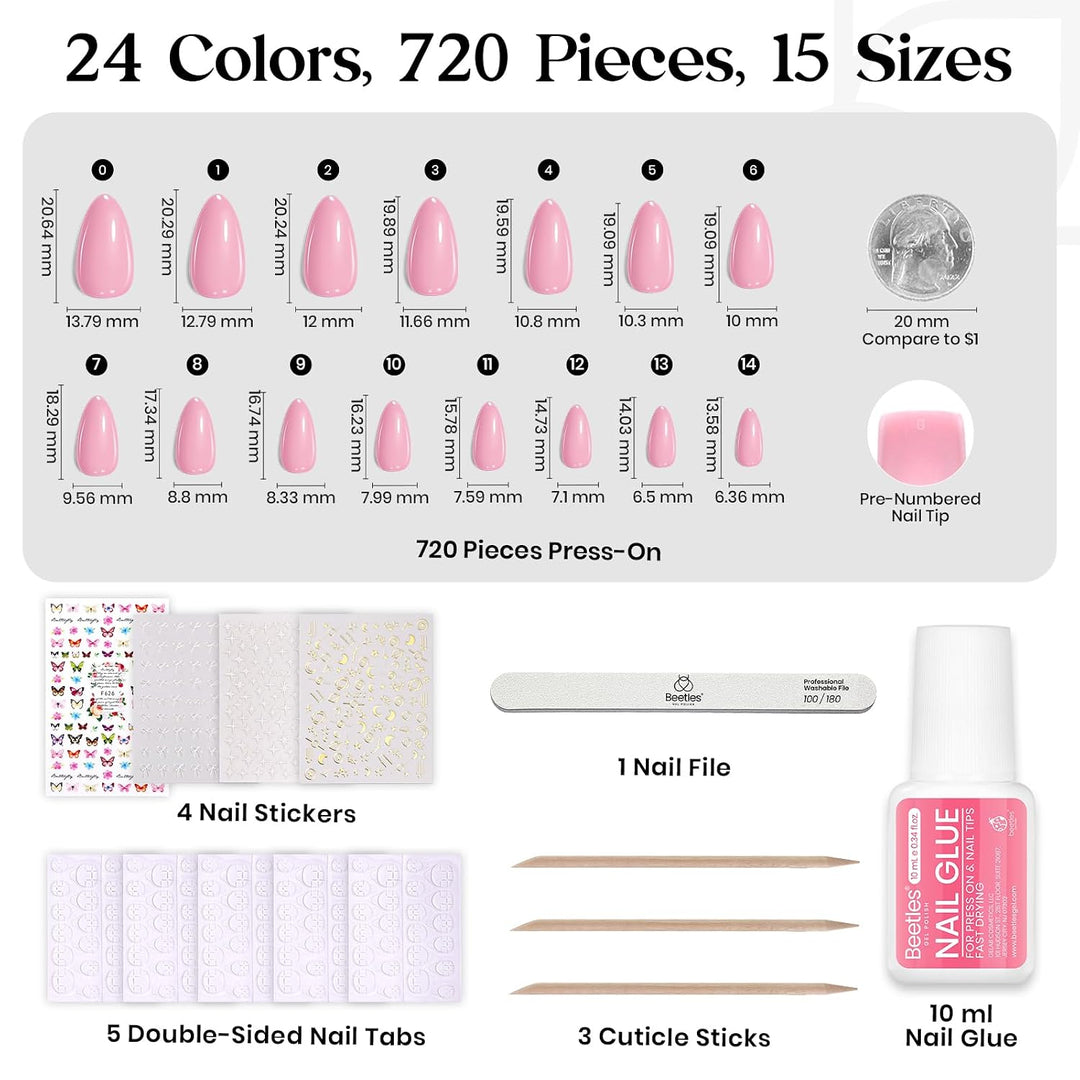 Beetles - Kit de uñas postizas a presión, 720 unidades, 24 colores,...