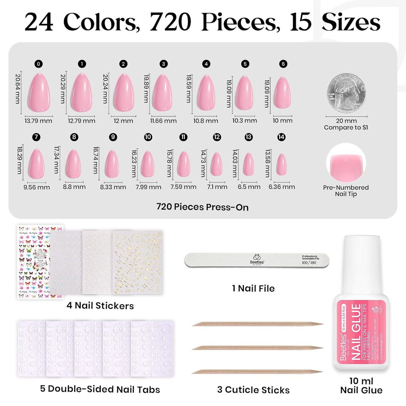 Beetles - Kit de uñas postizas a presión, 720 unidades, 24 colores,...