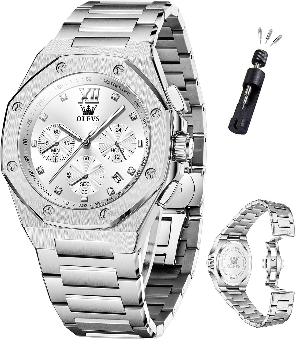 OLEVS Relojes para hombres de lujo octagonales en acero inoxidable de pulsera: reloj analógico de cuarzo de cara grande luminosa