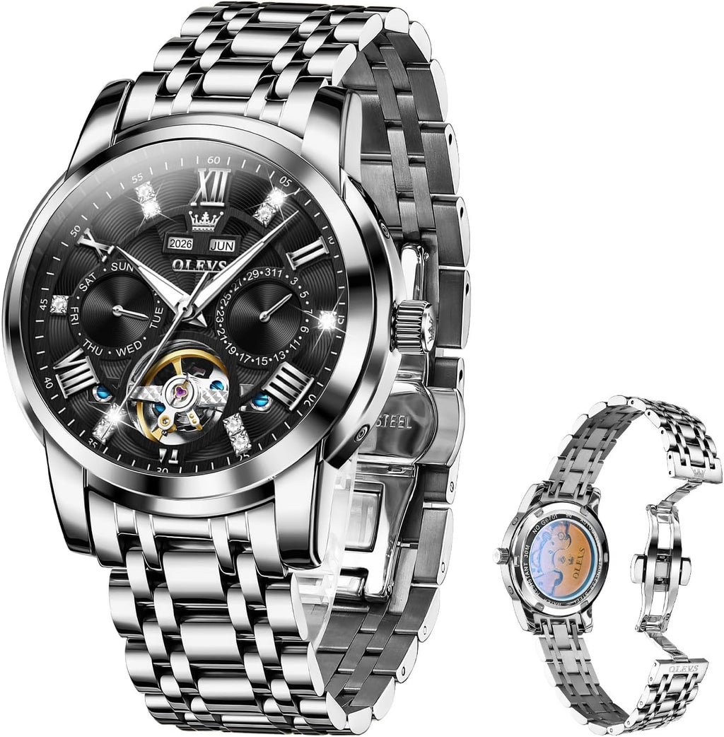 OLEVS Reloj automático para hombre de lujo en acero inoxidable con esqueleto y diamantes