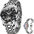 OLEVS Reloj automático para hombre de lujo en acero inoxidable con esqueleto y diamantes