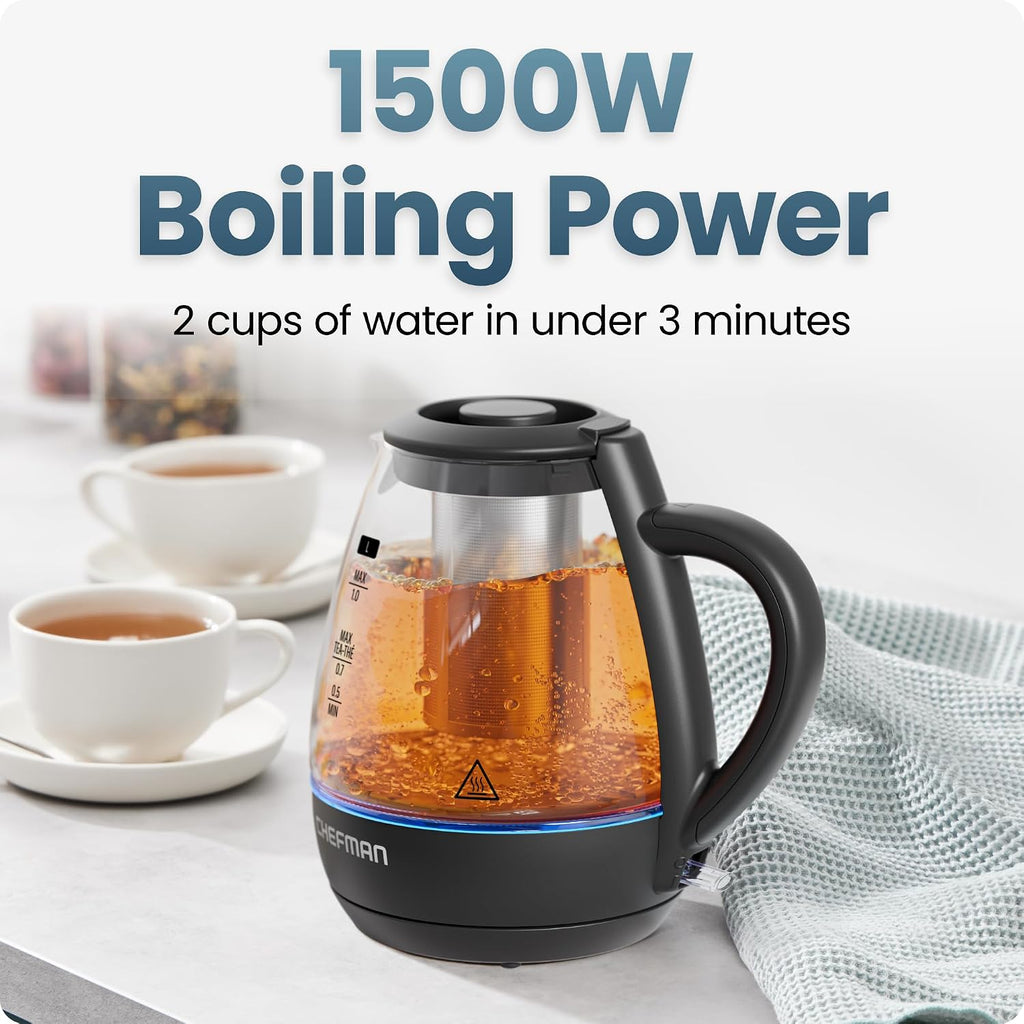 Chefman Hervidor eléctrico con infusor de té, compacto de 1 litro (4 tazas), 1500 W, tapa extraíble para una fácil limpieza, protección contra hervir en seco, filtro de acero inoxidable, sin BPA, apagado automático, hervidor de té eléctrico pequeño