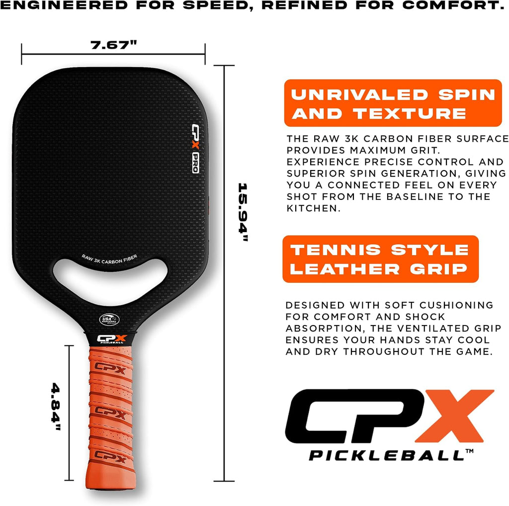 CPX Pro Paleta de pickleball en fibra de carbono - Grado profesional, acabado mate, núcleo de panal, agarre estilo tenis - Paleta sin borde diseñada en Chicago, EE. UU.
