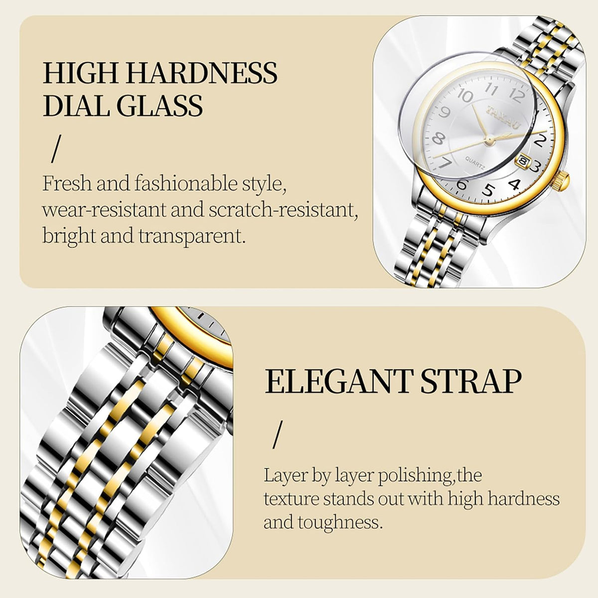 Reloj de Mujer Elegante Analógico a Cuarzo con Carga de Fecha, Números Arábigos Grandes, Impermeable, Dos Tonos, Acero Inoxidable, Pequeño, Reloj de Muñeca