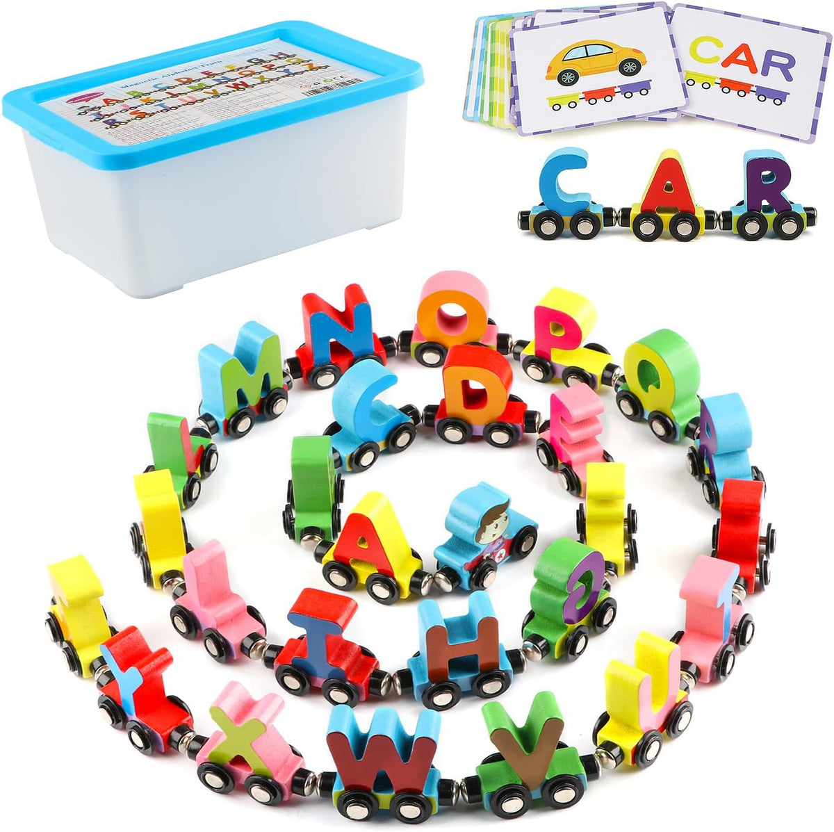 Wondertoys Juguete de tren del alfabeto de madera, 27 piezas, Tren del alfabeto+caja