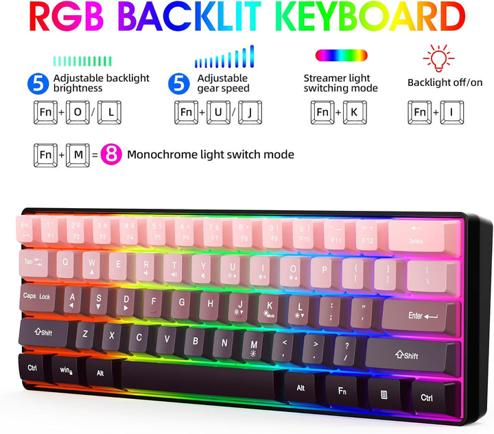 Snpurdiri Teclado para juegos 60% con cable, 61 teclas retroilumina...