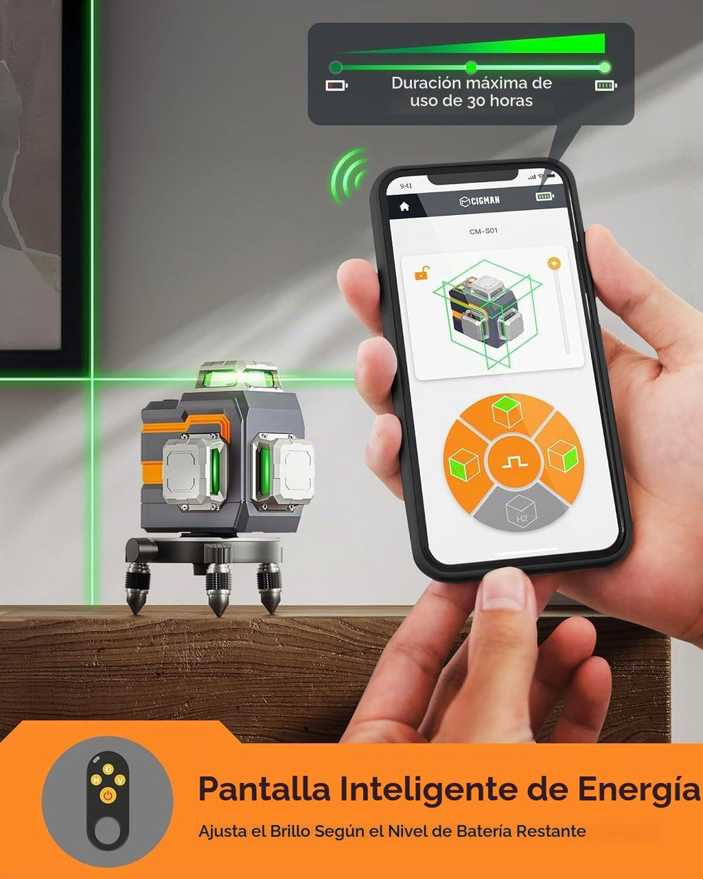 CIGMAN Nivel láser verde 3x360° autonivelante, control de aplicación CM-S01