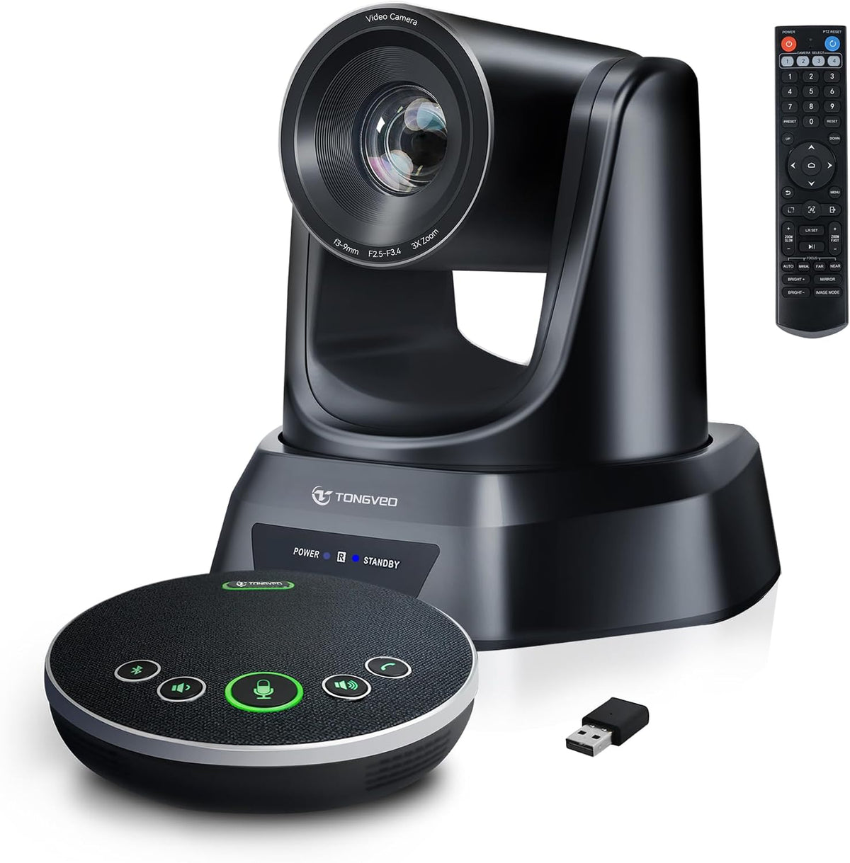 TONGVEO Sistema de cámara de conferencia PTZ con seguimiento automático AI con micrófonos Bluetooth, zoom óptico 3X USB3.0 1080P 60fps, solución de videoconferencia todo en uno gran angular de 93°