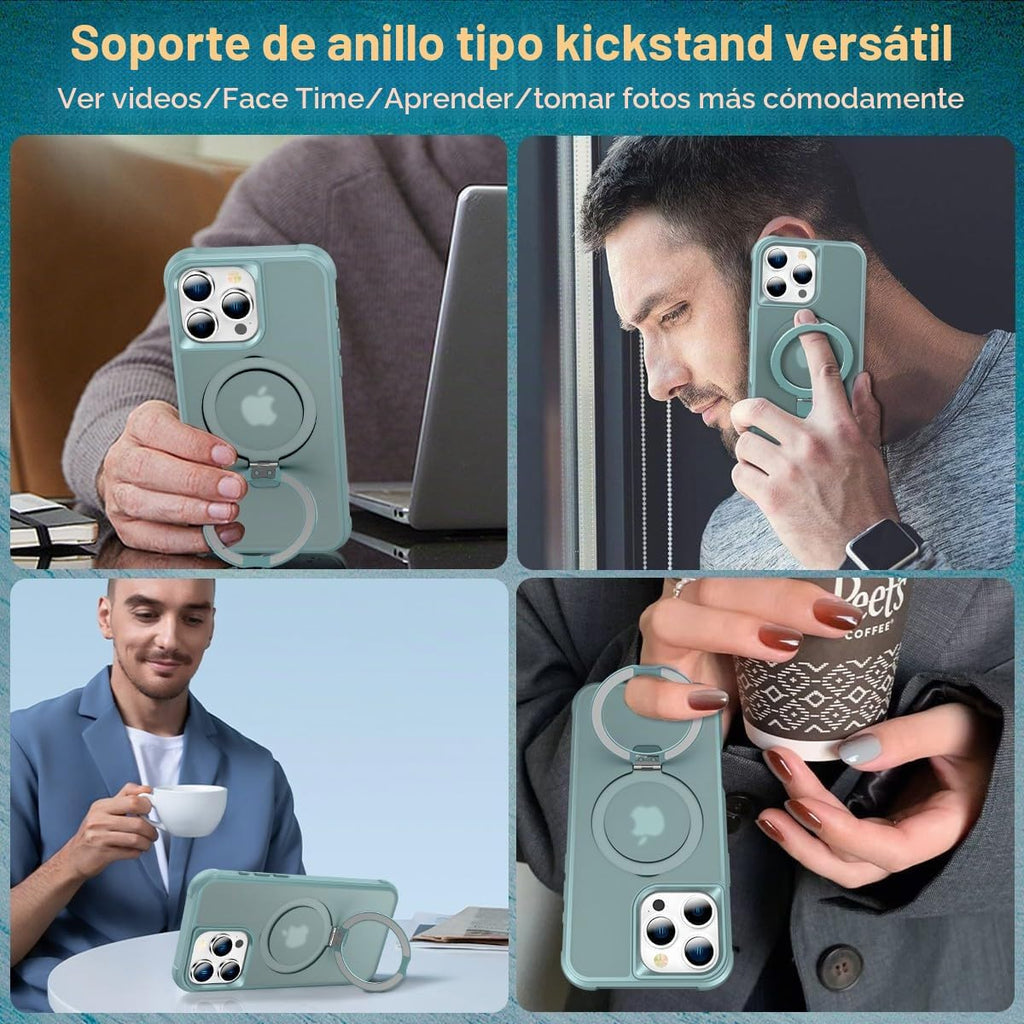Funda magnética compatible con iPhone 16 Pro con soporte, prueba de caídas de grado militar, compatible con imán, anillo translúcido, parte trasera dura, borde suave, verde azulado