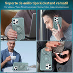 Funda magnética compatible con iPhone 16 Pro con soporte, prueba de caídas de grado militar, compatible con imán, anillo translúcido, parte trasera dura, borde suave, verde azulado