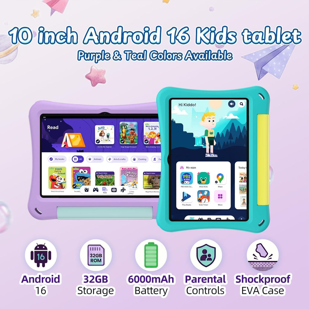 Tablet infantil de 10 pulgadas, tableta Android 16 para niños, controles