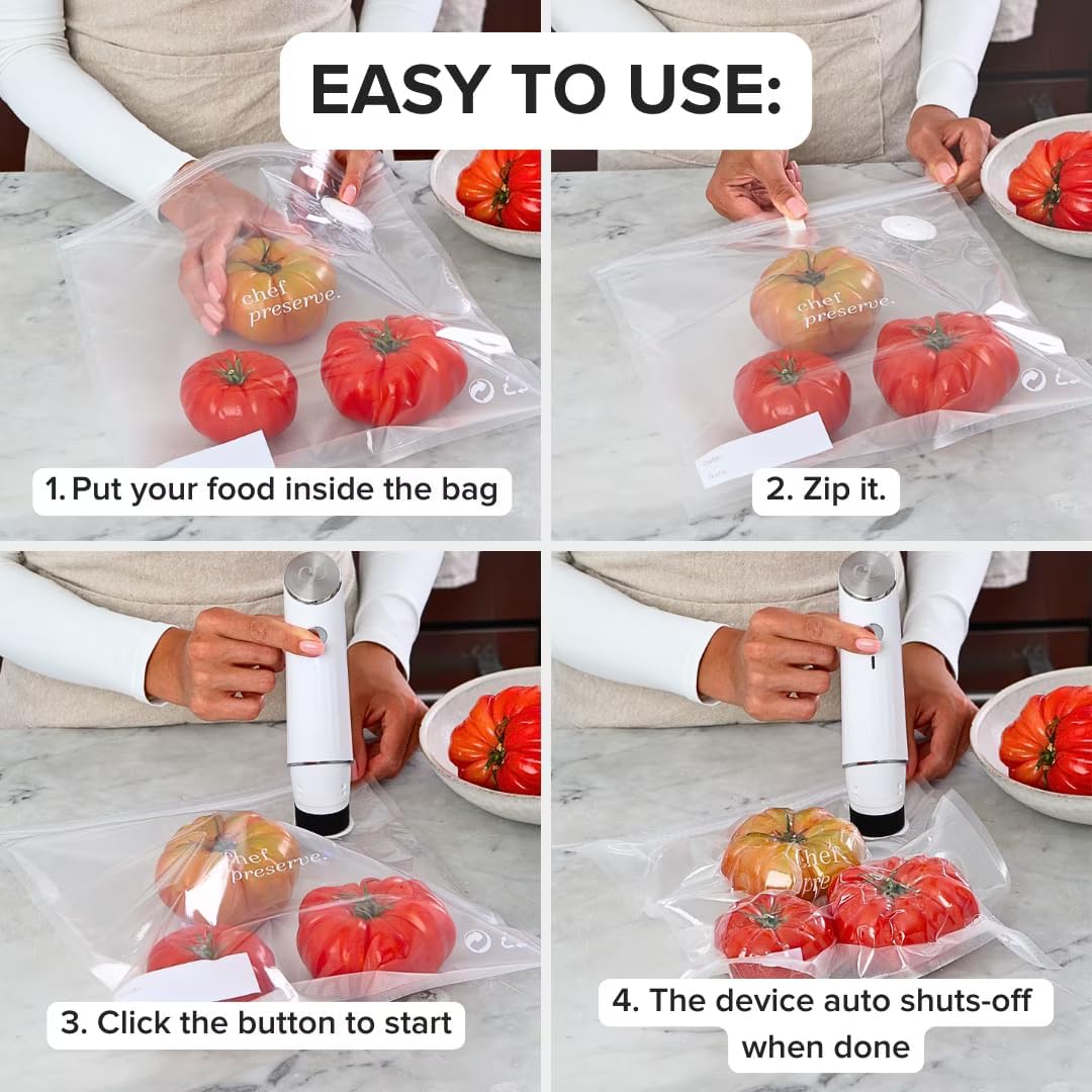 Chef Preserve Selladora al Vacío Compacta para Alimentos (Máquina Selladora al Vacío + 20 Bolsas al Vacío Reutilizables) Potente Máquina Selladora al Vacío Portátil, Selladora de Comida Portátil