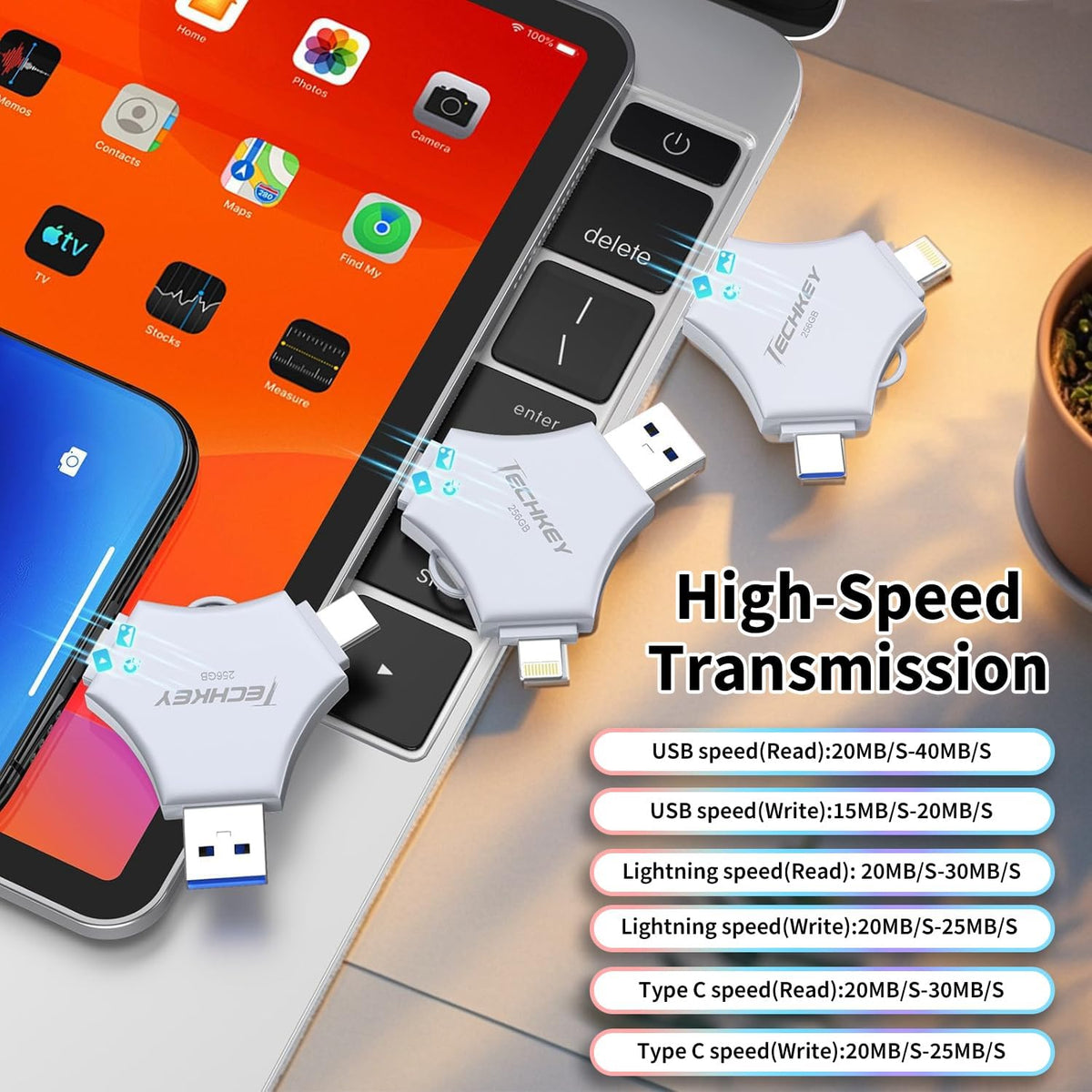 Unidad flash USB 3.0 para iPhone 256GB: memoria externa 3 en 1 con...