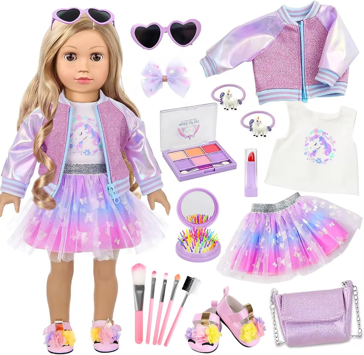 Set de Maquillaje y Ropa para Muñeca Americana de 18 Pulgadas Incluye Ropa y Zapatos